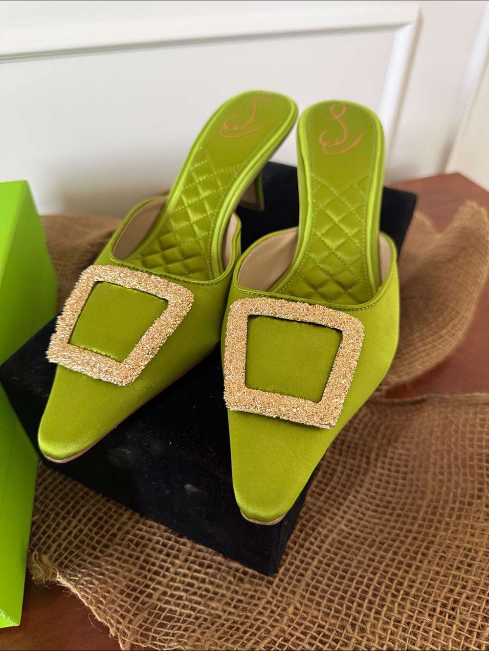Sam Edelman Brit Lime Green Satin Pointed Mules with Gold Buckle size 8